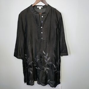 Coldwater Creek Silk Blend Tunic Womens XL Black Floral‎ Embroidery Mature Sheer